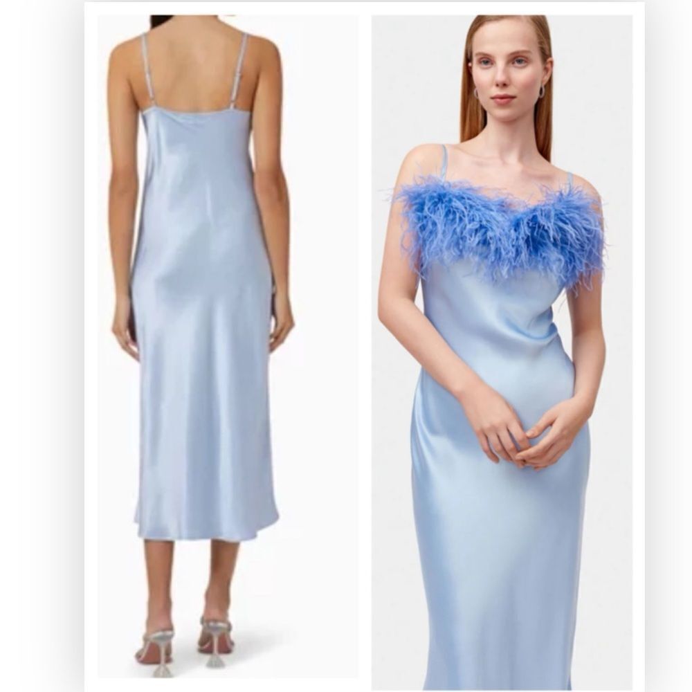 SLEEPER Boheme Feather-trimmed Midi Slip Dress in Ecovero Blue NWT $350